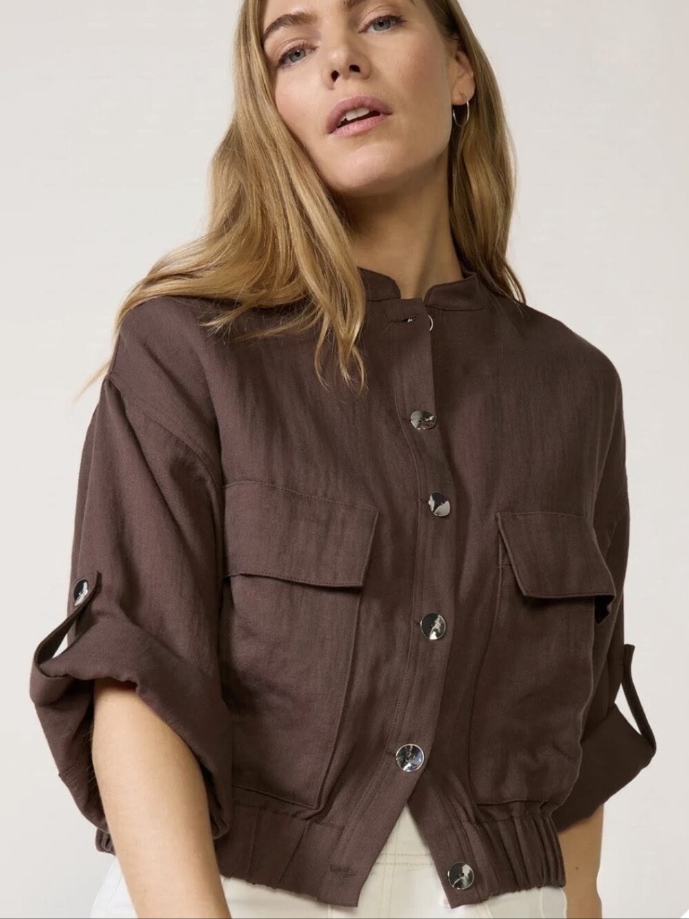 New Evereve Jessa Utility Bomber Button Down Top Size Small Chocolate Brown